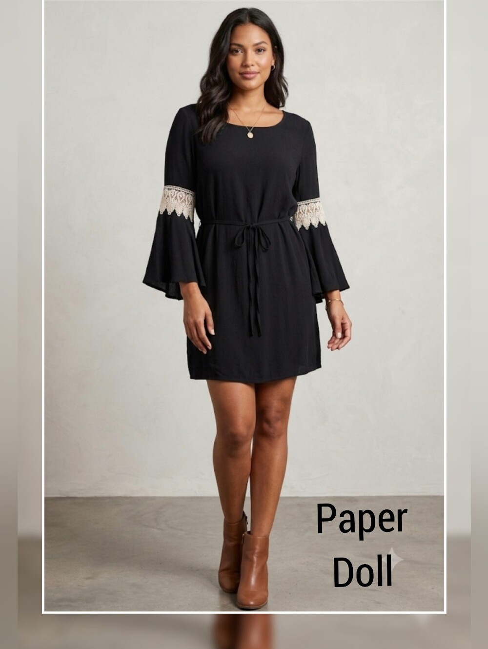Paper doll Black Mini Dress with Cream Lace Bell Sleeves Size Small NWT